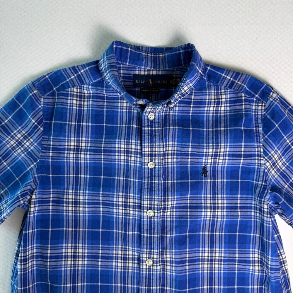 Ralph Lauren Boys Blue Plaid Short Sleeve Button Down Shirt Size L 14-16 Cotton